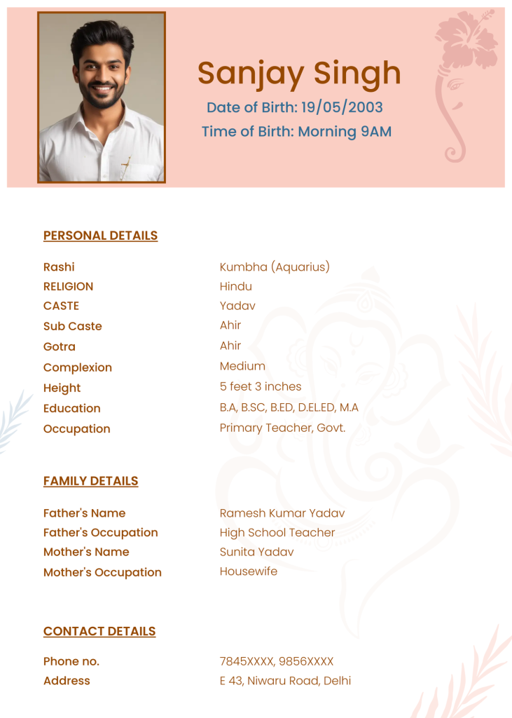 Professional Marriage Biodata Format