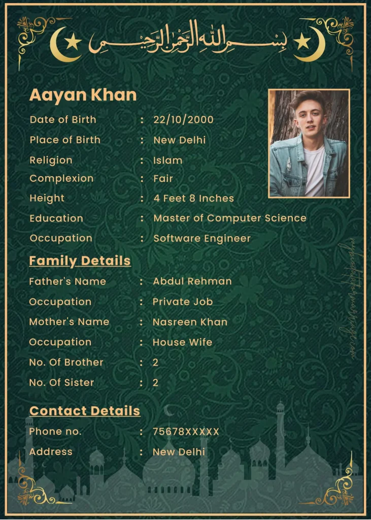 Islamic marriage biodata template with dark green patterned background, golden borders, crescent moon and star design, mosque silhouette, and sections for personal, family, education, and contact details.