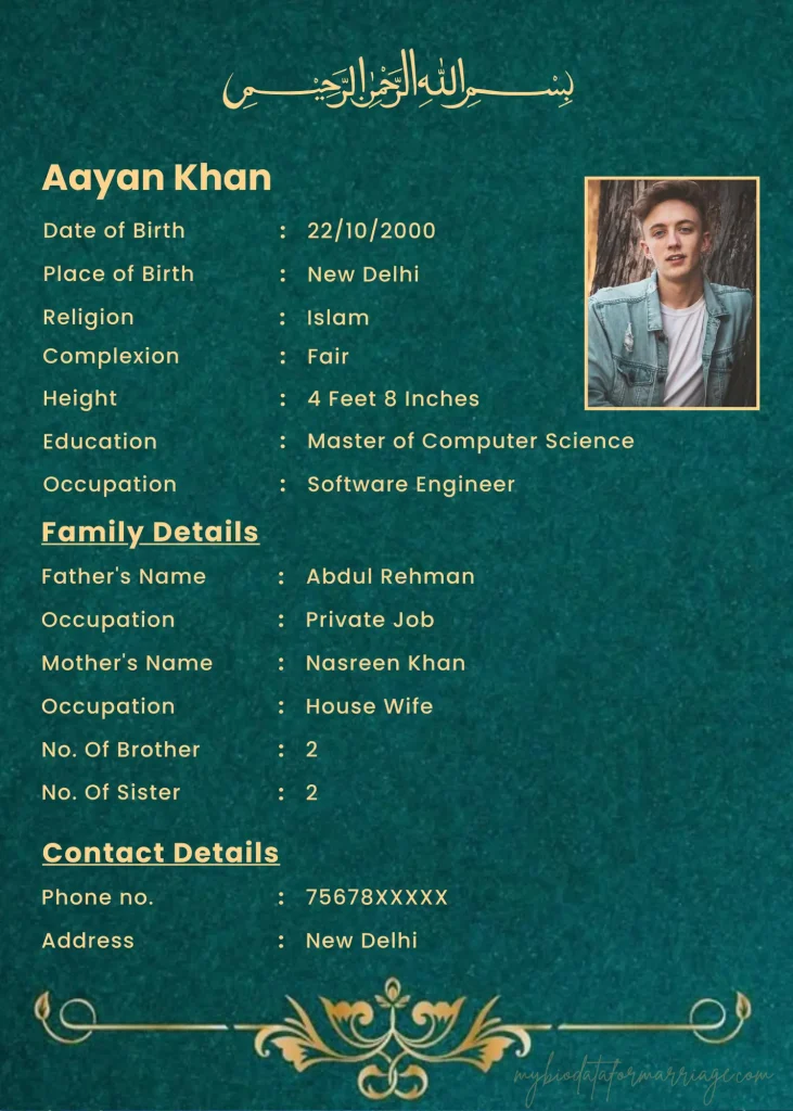 Muslim marriage biodata template for grooms with green textured background, golden decorative patterns, profile photo space, and sections for personal, family, education, and contact details.